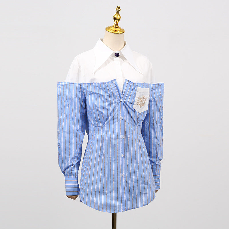 Blue Simple Office Top Women Summer Comfort Faux Two Pieces Casual Striped High Grade Women Shirt - Modestly Vogue 