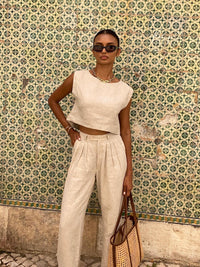 Linen Vest Pants Summer Sleeveless Vest Wide Leg Pants Casual Two Piece Sets - Modestly Vogue 