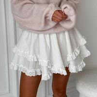 Women Clothing Fresh Sweet All Matching White Short Skirt Lace Stitching Design High Waist Cake Skirt - Modestly Vogue 