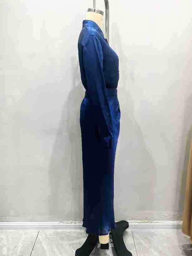 Two Piece Simple Elegant Office Drape Shirt High Waist Ruched Mid Length Skirt Two Piece Sets - Modestly Vogue 