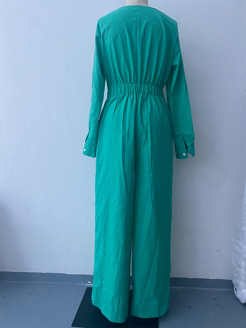 Summer Solid Color V neck Long Sleeve Sexy Waist Women Jumpsuit - Modestly Vogue 