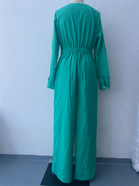 Summer Solid Color V neck Long Sleeve Sexy Waist Women Jumpsuit - Modestly Vogue 