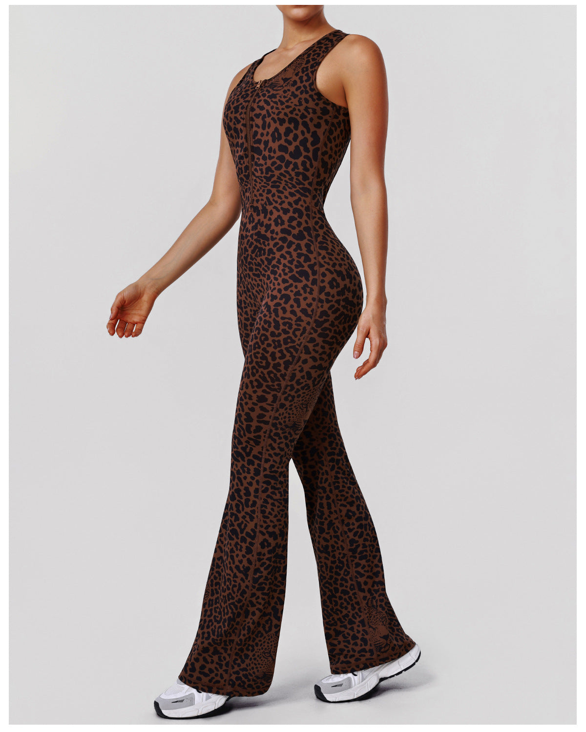 Leopard Print Hip Lifting Jumpsuit Backless Yoga Bodysuit Casual Sportswear with Chest Pad - Modestly Vogue 