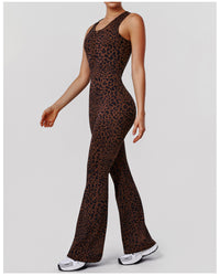 Leopard Print Hip Lifting Jumpsuit Backless Yoga Bodysuit Casual Sportswear with Chest Pad - Modestly Vogue 