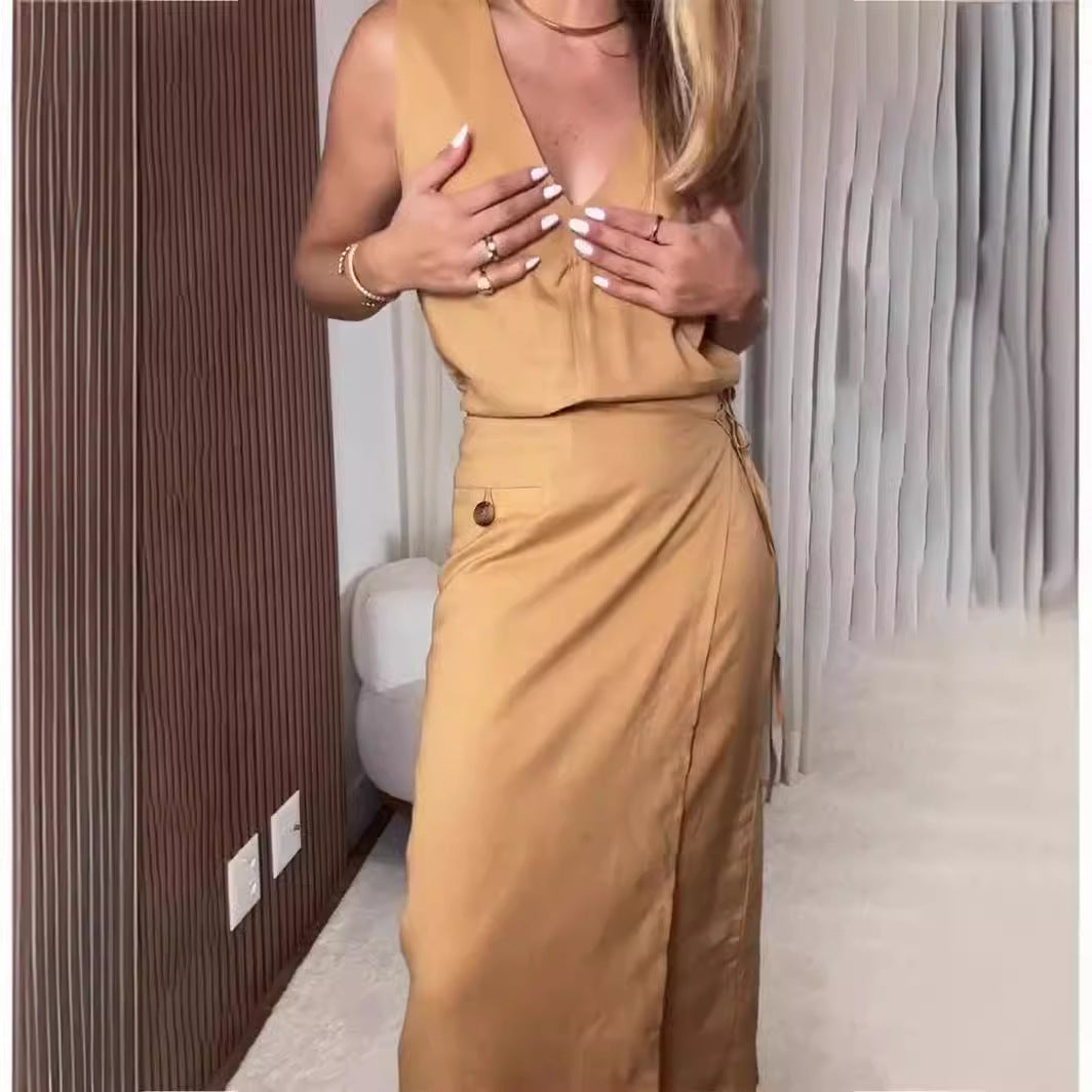 V Neck Sleeveless Irregular Asymmetric Lace Up Slim Dress Faux Two Piece Split Women Clothing - Modestly Vogue 