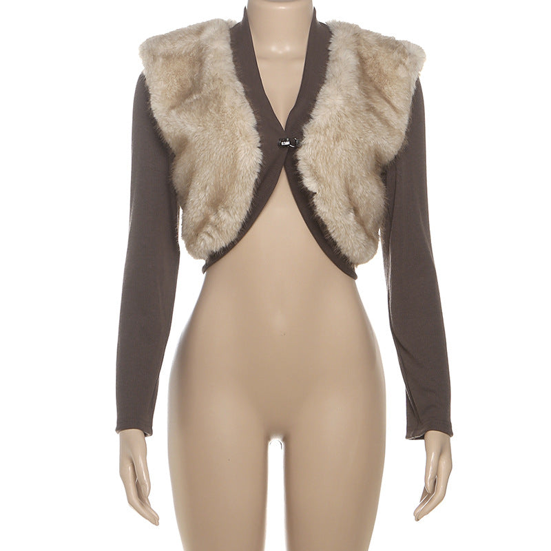 Cropped Fur Trim Sweater Jacket - Modestly Vogue 