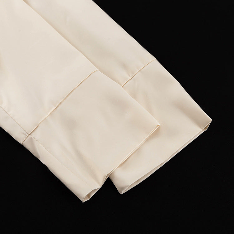 High Grade Satin Office Suit Women Elegant V neck Long Sleeve Tied Top Loose Wide Leg Pants Two Piece Set - Modestly Vogue 