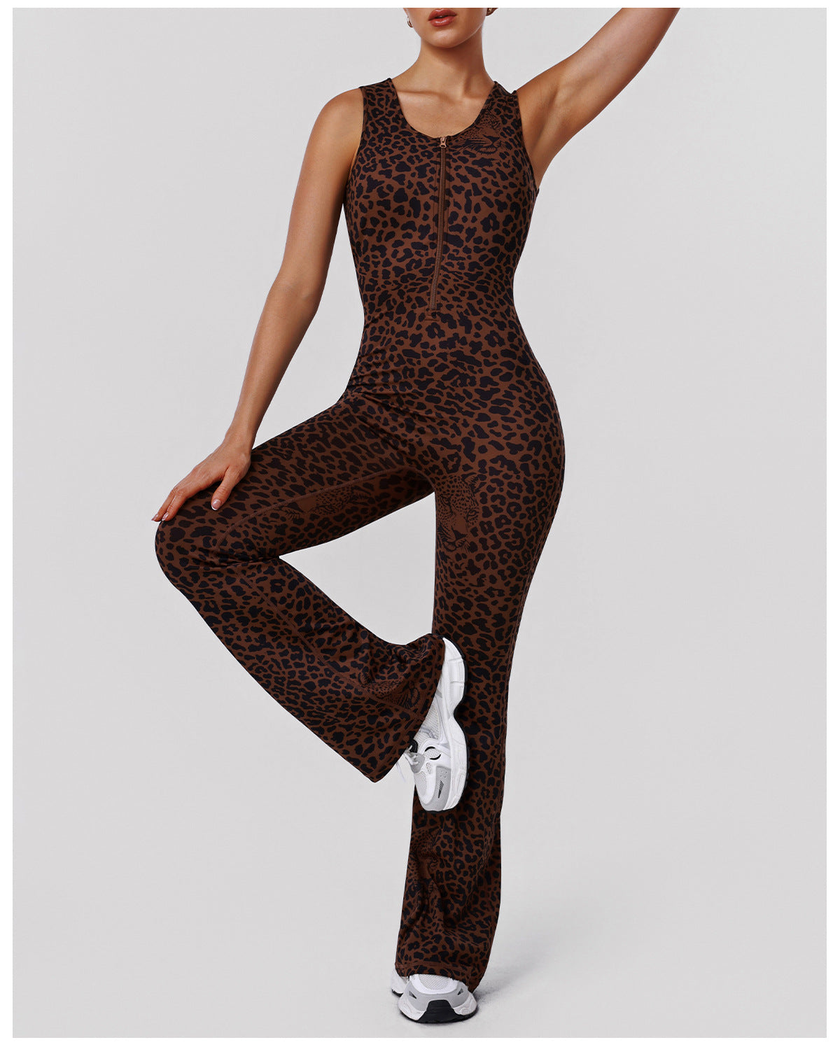 Leopard Print Hip Lifting Jumpsuit Backless Yoga Bodysuit Casual Sportswear with Chest Pad - Modestly Vogue 
