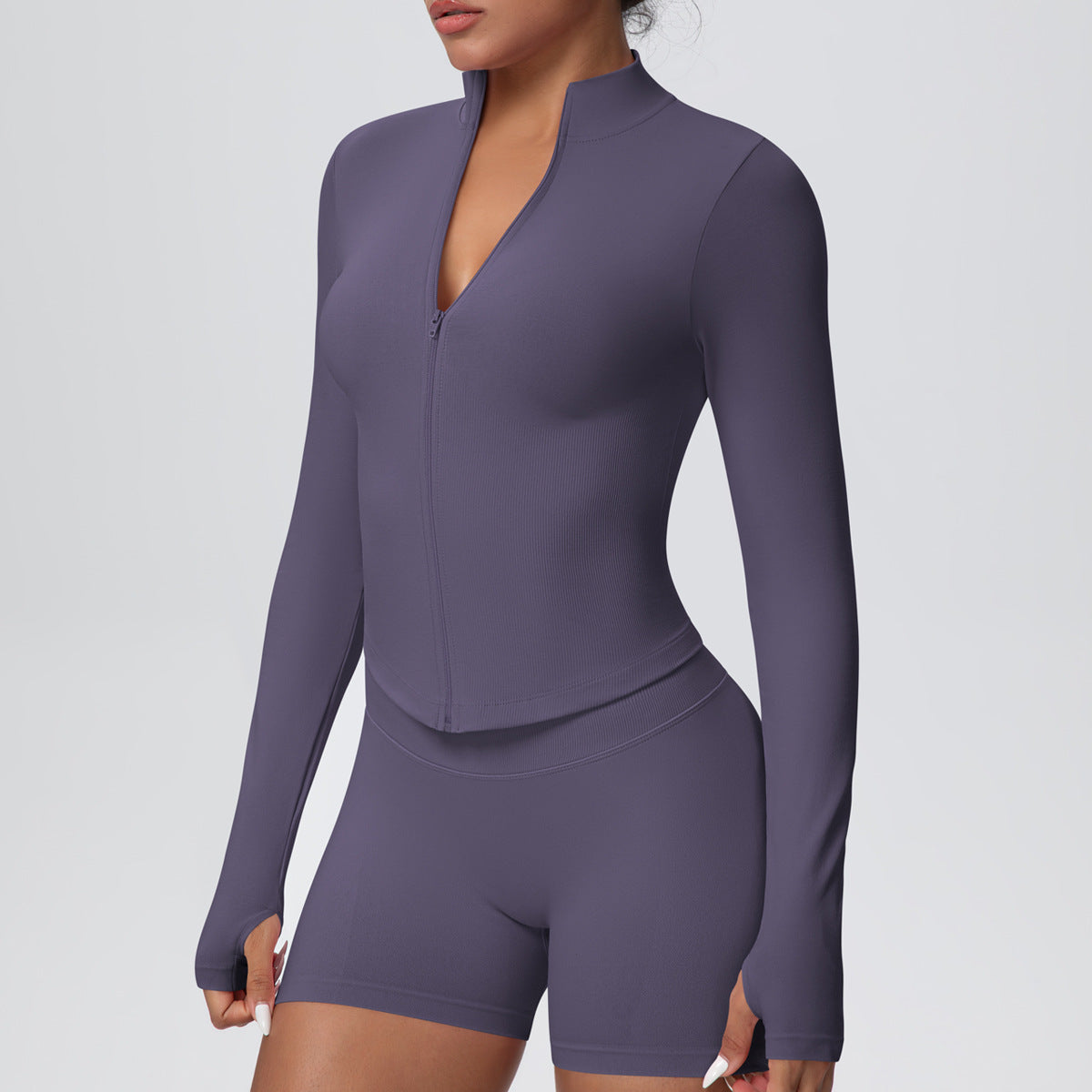 Stand Collar Knitted Long Sleeve Zipper Yoga Jacket - Modestly Vogue 