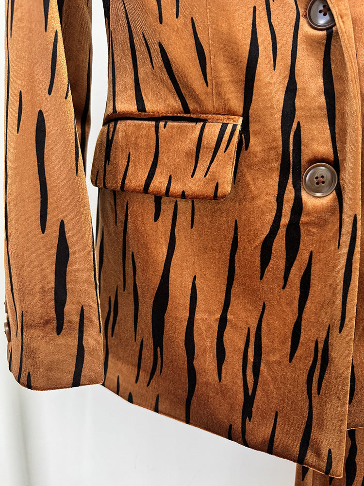 Autumn Winter Tiger Leather Print Blazer Long Sleeved Suit