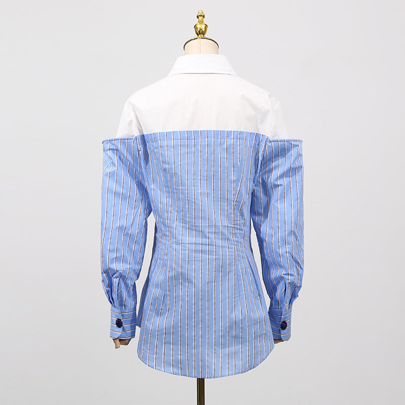 Blue Simple Office Top Women Summer Comfort Faux Two Pieces Casual Striped High Grade Women Shirt - Modestly Vogue 