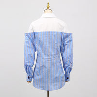 Blue Simple Office Top Women Summer Comfort Faux Two Pieces Casual Striped High Grade Women Shirt - Modestly Vogue 