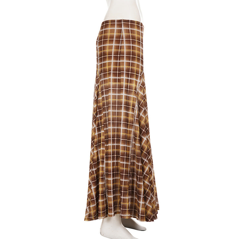 Retro Patchwork Plaid A line Long Skirt