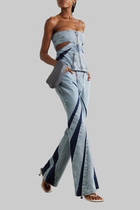 Blue Denim Patchwork Tube Top Three Jeans Two Piece Set - Modestly Vogue 