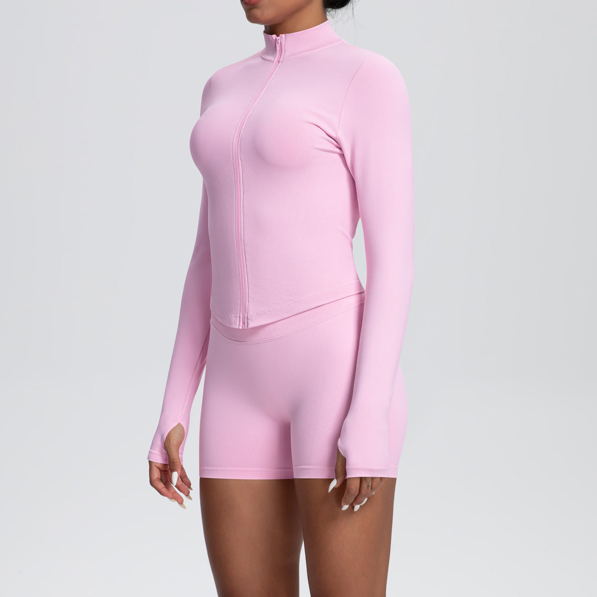 Stand Collar Knitted Long Sleeve Zipper Yoga Jacket Tight Quick Drying Yoga Shorts Fitness Yoga Wear Set for Women - Modestly Vogue 