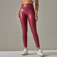 Faux Leather High Waist Solid Color Running Fitness Yoga Pants Leggings - Modestly Vogue 