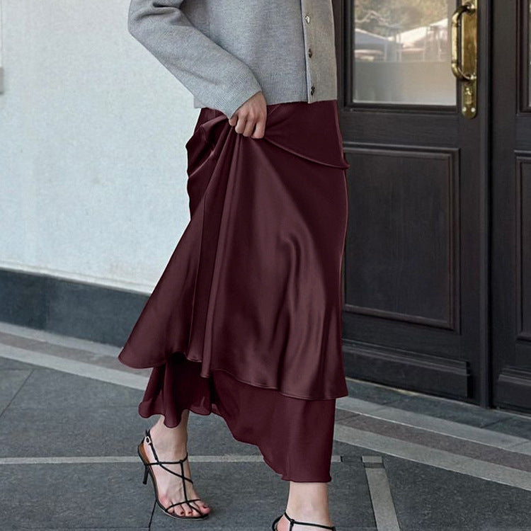 Women Clothing Satin Skirt Women Spring Summer Patchwork Mesh Double Layer Design Sheath - Modestly Vogue 