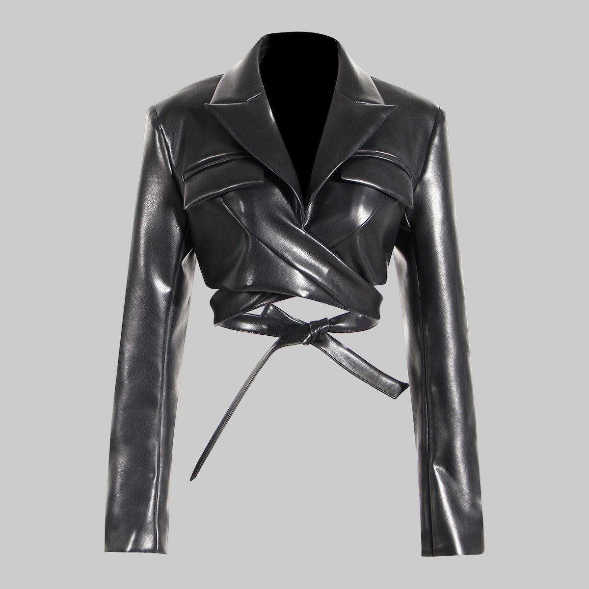 Black Field Full Open Criss Cross Lace Up Waist Controlled Show Chest Long Sleeve Faux Leather Short Coat Women