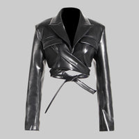 Black Field Full Open Criss Cross Lace Up Waist Controlled Show Chest Long Sleeve Faux Leather Short Coat Women
