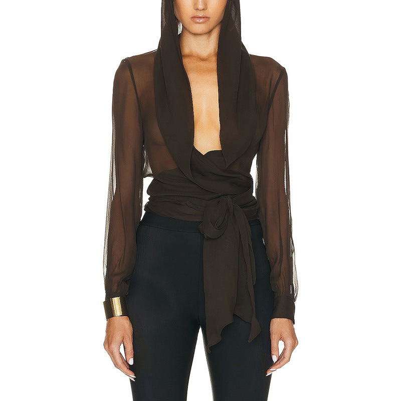 Earthtone Casual Lace up Waist Controlled Lightweight Hooded Simple Shirt Top for Women - Modestly Vogue 