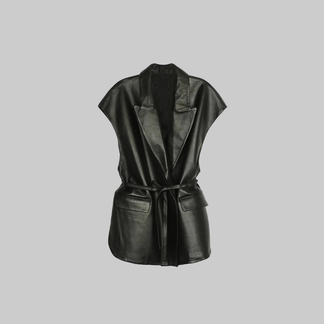 Collar Leather High Grade Sleeveless Lace up Waist Double Pocket Velvet Vest Jacket Coat - Modestly Vogue 