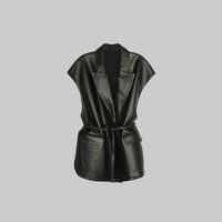 Collar Leather High Grade Sleeveless Lace up Waist Double Pocket Velvet Vest Jacket Coat - Modestly Vogue 