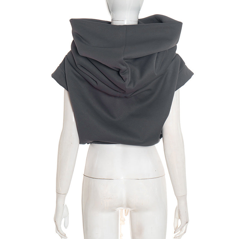 Women Clothing Autumn Winter Solid Color Casual Large Collar Sleeveless Contrast Color Drawstring Hooded Sweater Top