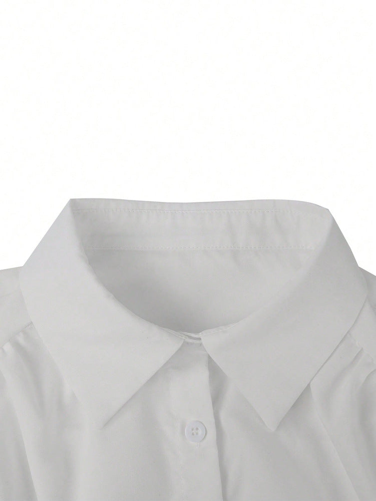 Spring Summer Women Solid Color Single Breasted Drawstring Ruffle Shirt - Modestly Vogue 