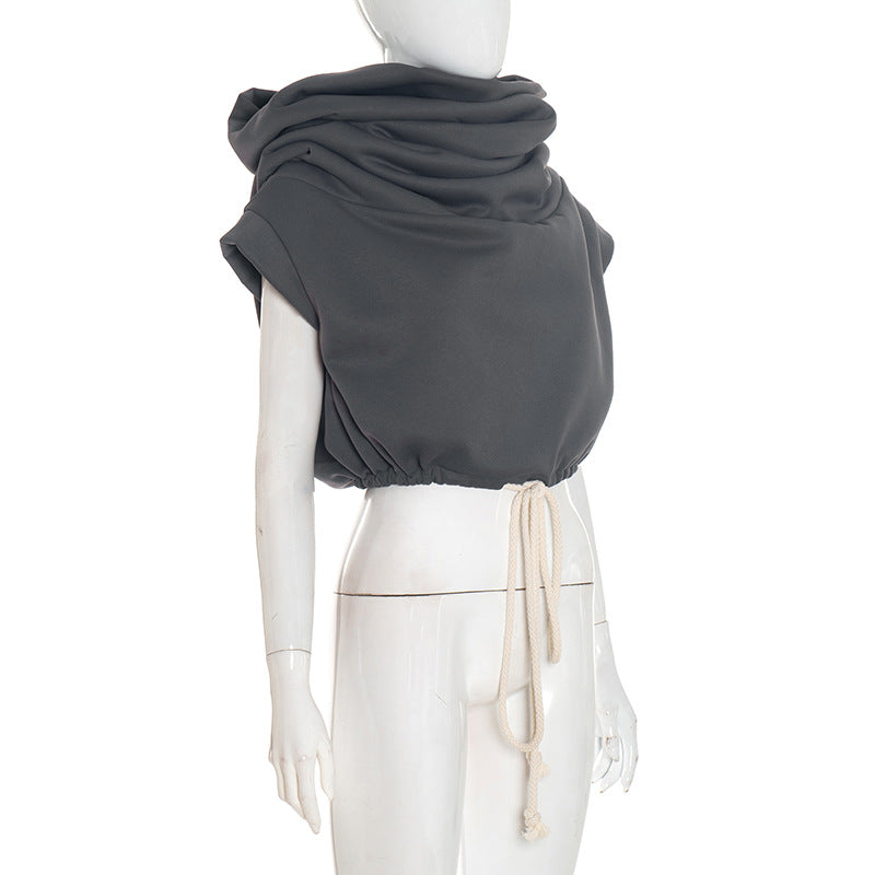 Women Clothing Autumn Winter Solid Color Casual Large Collar Sleeveless Contrast Color Drawstring Hooded Sweater Top