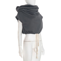 Women Clothing Autumn Winter Solid Color Casual Large Collar Sleeveless Contrast Color Drawstring Hooded Sweater Top