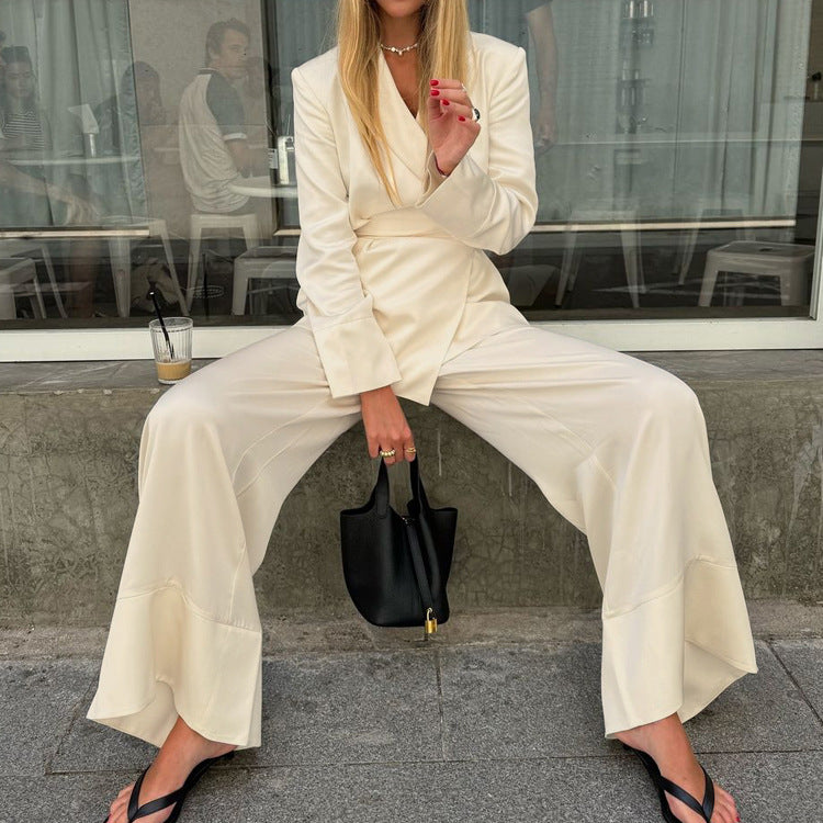 High Grade Satin Office Suit Women Elegant V neck Long Sleeve Tied Top Loose Wide Leg Pants Two Piece Set - Modestly Vogue 