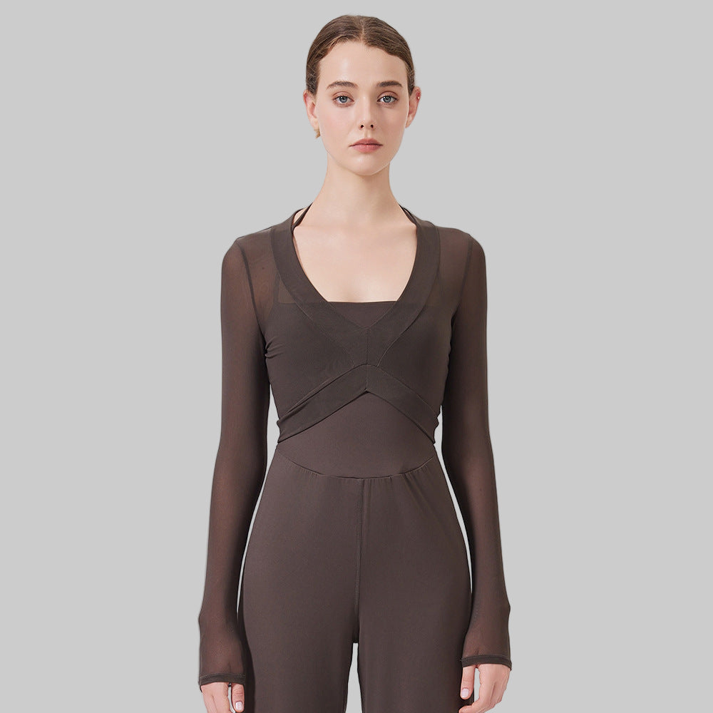 Nude Feel Mesh Sports Yoga Top | Slim Fit Long Sleeve Activewear - Modestly Vogue 