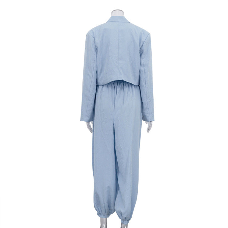 Women Collared Long Sleeve Top Loose Tappered Trousers Two Piece Set - Modestly Vogue 