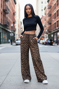 Women’s High Waist Leopard Print Satin Wide Leg Pants - Modestly Vogue 