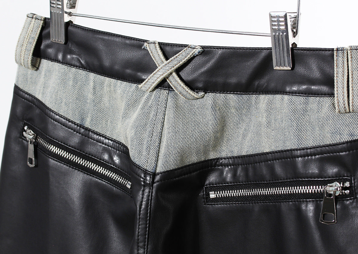 Niche Contrast Color Jeans Women Winter Thick Loose Retro Washed Stitching Contrast Color Leather Wide Leg Pants - Modestly Vogue 