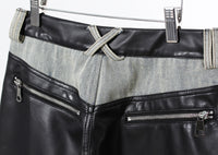 Niche Contrast Color Jeans Women Winter Thick Loose Retro Washed Stitching Contrast Color Leather Wide Leg Pants - Modestly Vogue 