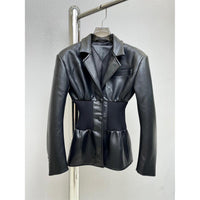 Black  Design Model Faux Leather Jacket Patchwork Knitted Super Tight Waist Contour - Modestly Vogue 