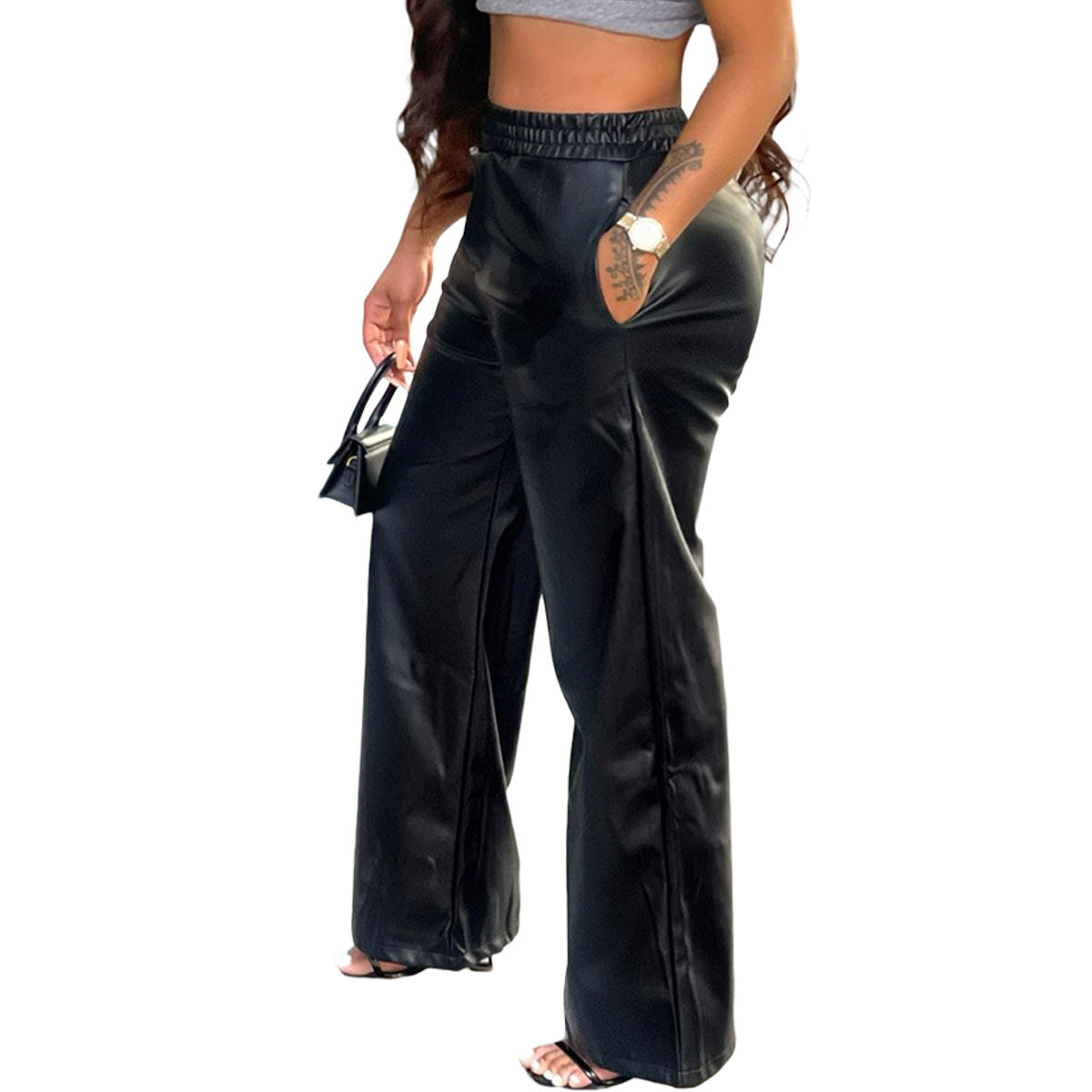 Women Clothing Solid Color Loose Wide Leg Pocket Faux Leather Pants - Modestly Vogue 