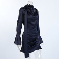 Autumn Winter Irregular Asymmetric Navy Blue Long-Sleeved Dress Women Slim Slimming Sheath - Modestly Vogue 