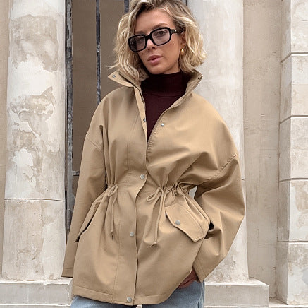 Women Mid Length Drawstring Trench Coat Casual Loose Fit - Modestly Vogue 