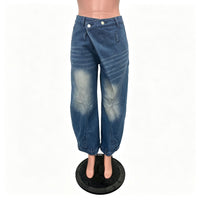 Washed Distressed Pocket Wide Loose Jeans Women