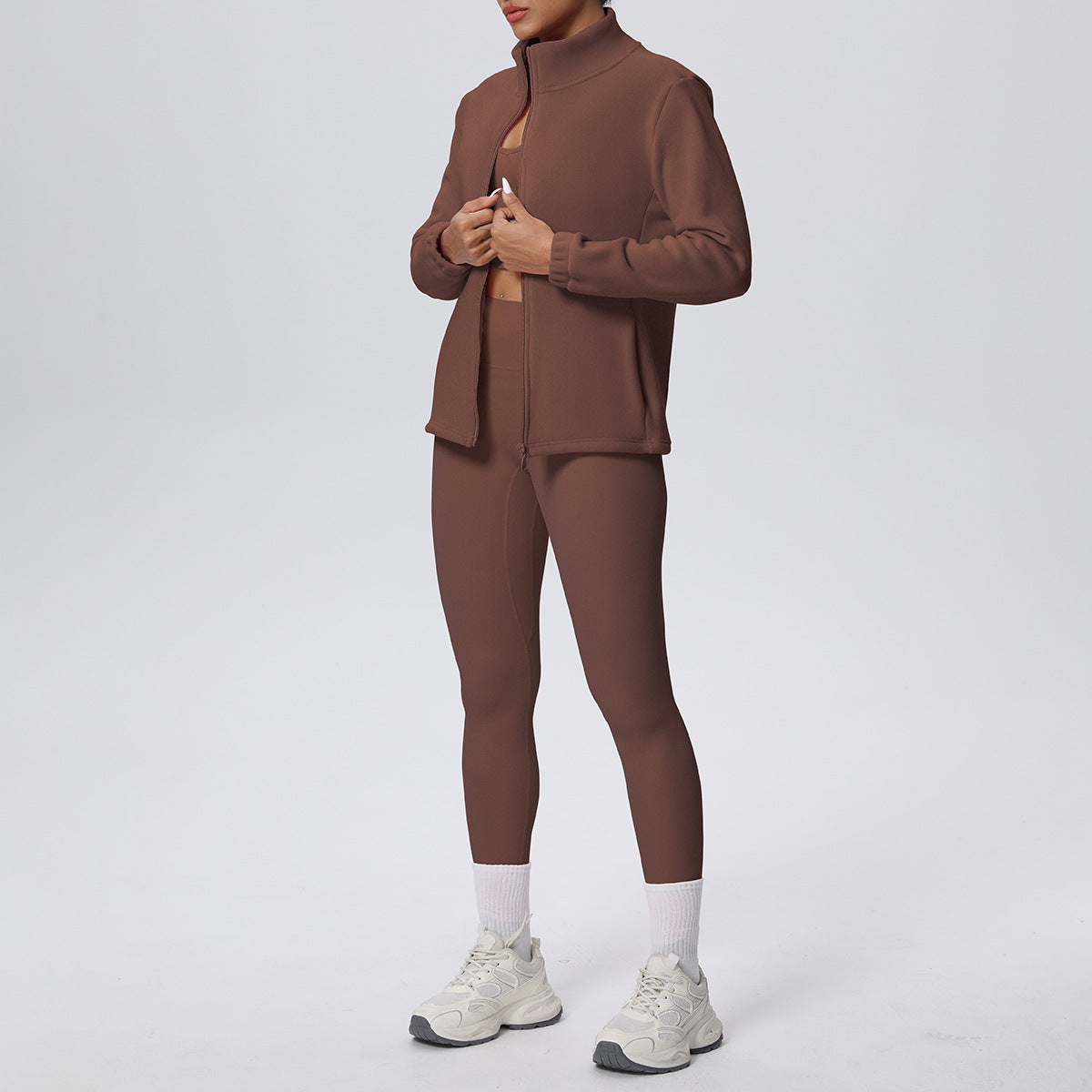 Women’s High Waist Yoga Suit with Long Sleeve Fleece Zipper Coat