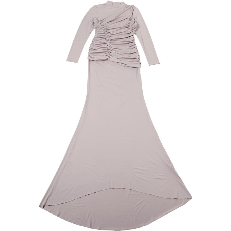 High Waist Ruched Elegant Long Sleeved Holiday Maxi Dress - Modestly Vogue 