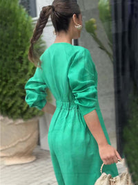 Summer Solid Color V neck Long Sleeve Sexy Waist Women Jumpsuit - Modestly Vogue 