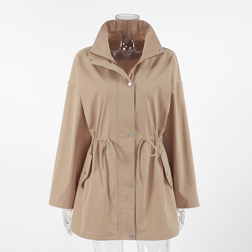 Women Mid Length Drawstring Trench Coat Casual Loose Fit - Modestly Vogue 