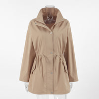 Women Mid Length Drawstring Trench Coat Casual Loose Fit - Modestly Vogue 