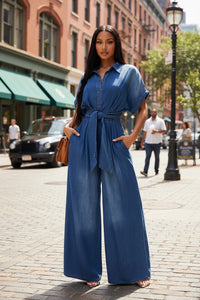 Polo Collar Breasted Lace up Short Sleeve Loose Wide Leg Denim Jumpsuit - Modestly Vogue 