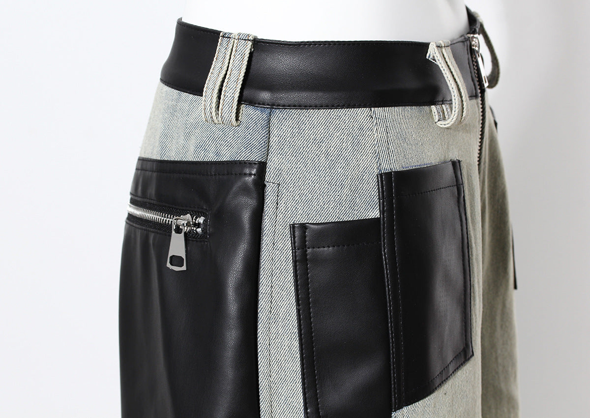 Niche Contrast Color Jeans Women Winter Thick Loose Retro Washed Stitching Contrast Color Leather Wide Leg Pants - Modestly Vogue 