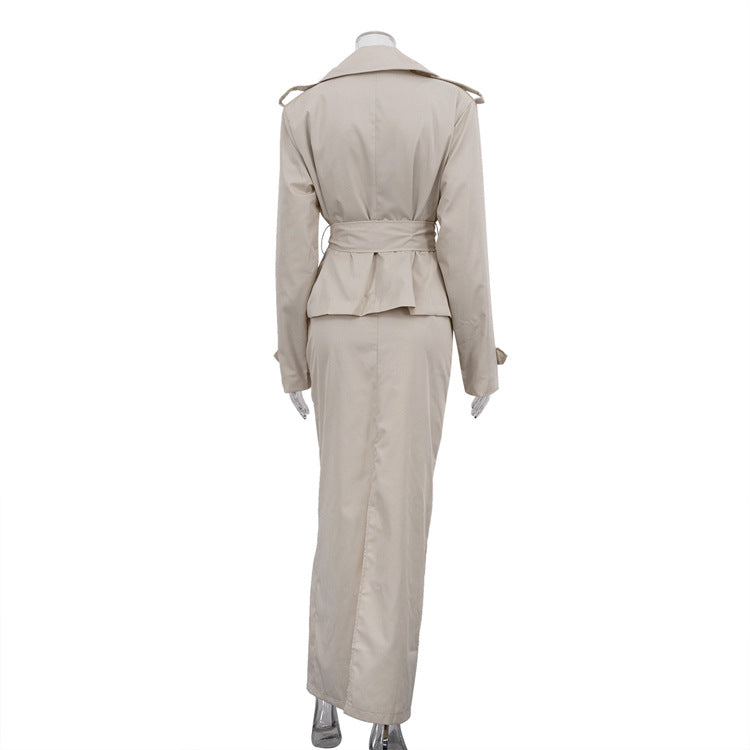 Polo Collar Long Sleeve Trench Coat & Skirt Set