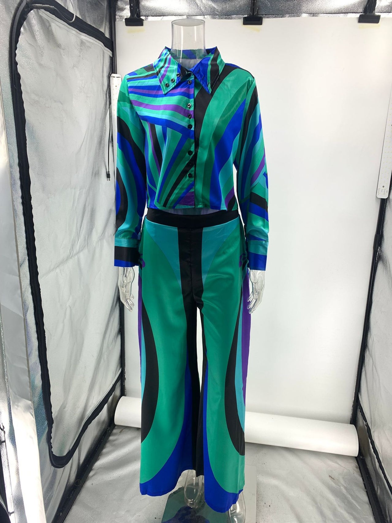 Blue and Green Multicolored Pucci Print Two Piece Pant Set - Modestly Vogue 